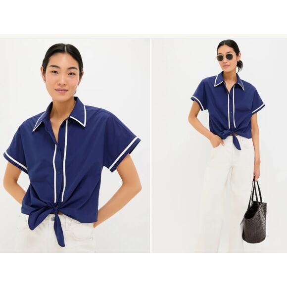 EUC Tuckernuck Navy‎ Blue White Trimmed Connor Blouse Size Medium - Picture 2 of 11